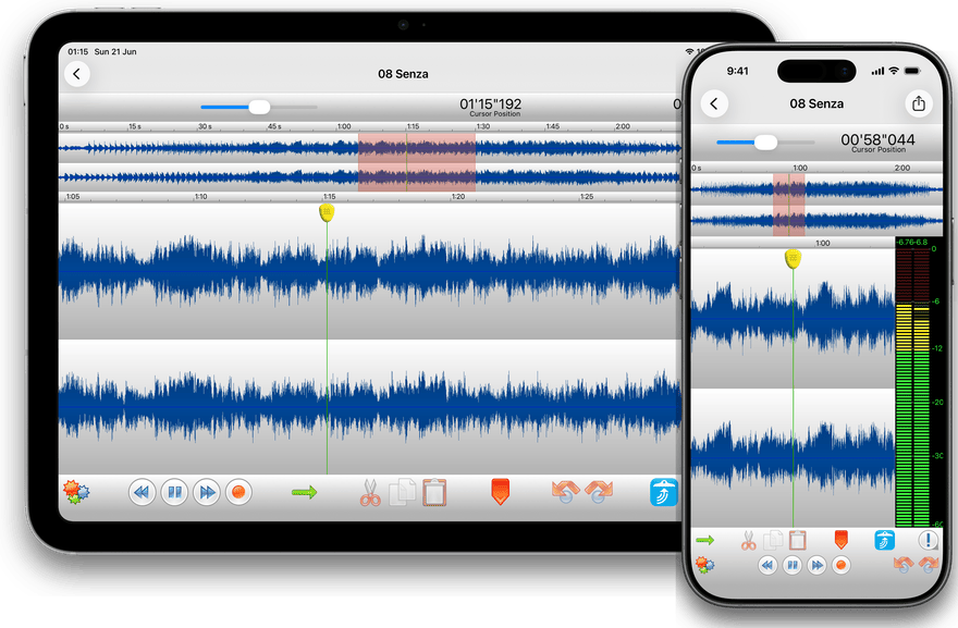 TwistedWave running on an iPad and an iPhone